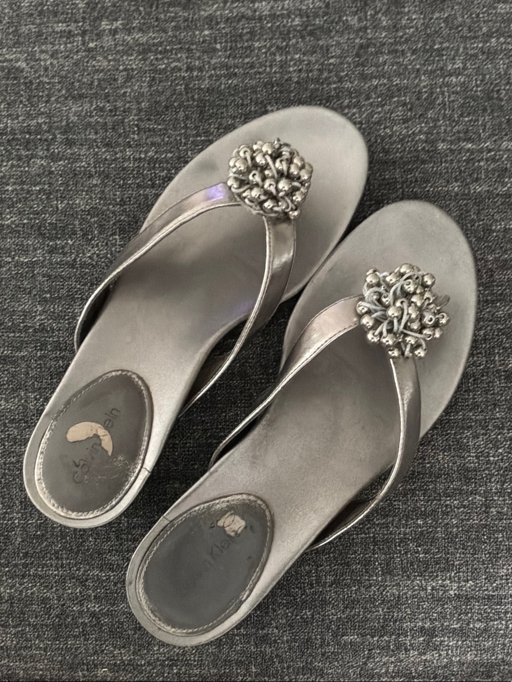 Calvin Klein Silver Metallic Beaded Toe-Post Sandals